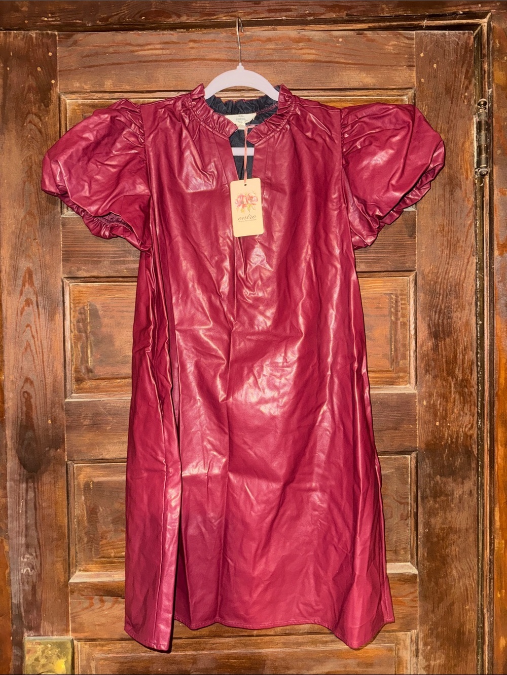 entro Burgundy Puff-Sleeve Faux Leather Dress